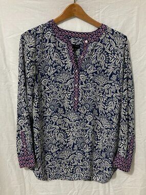 Talbots Size M Tunic Blouse Print Blue Floral White Loose Boho Comfort Chic